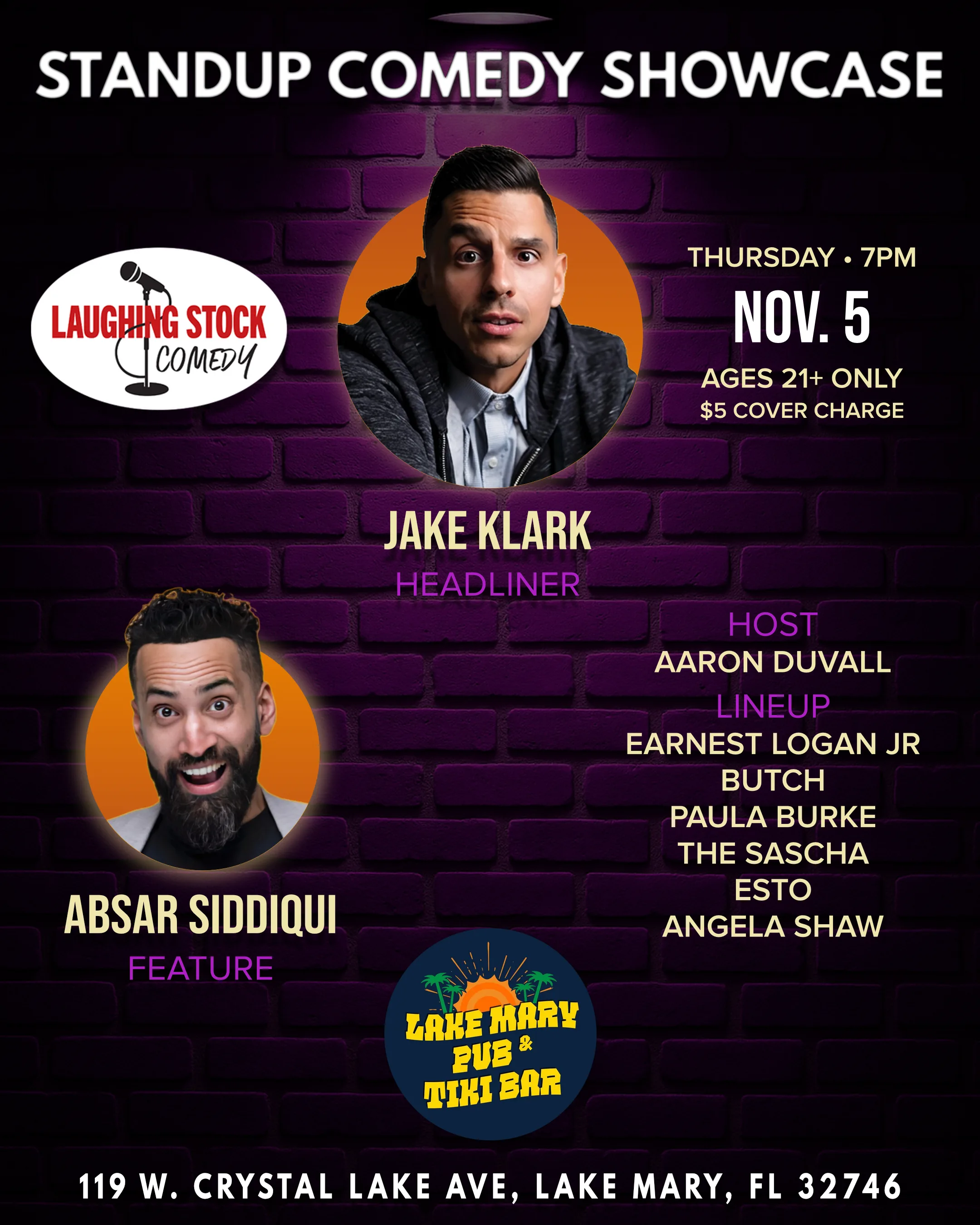 Standup Comedy Showcase poster, Thursday, November 5, Lake Mary Pub & Tiki Bar